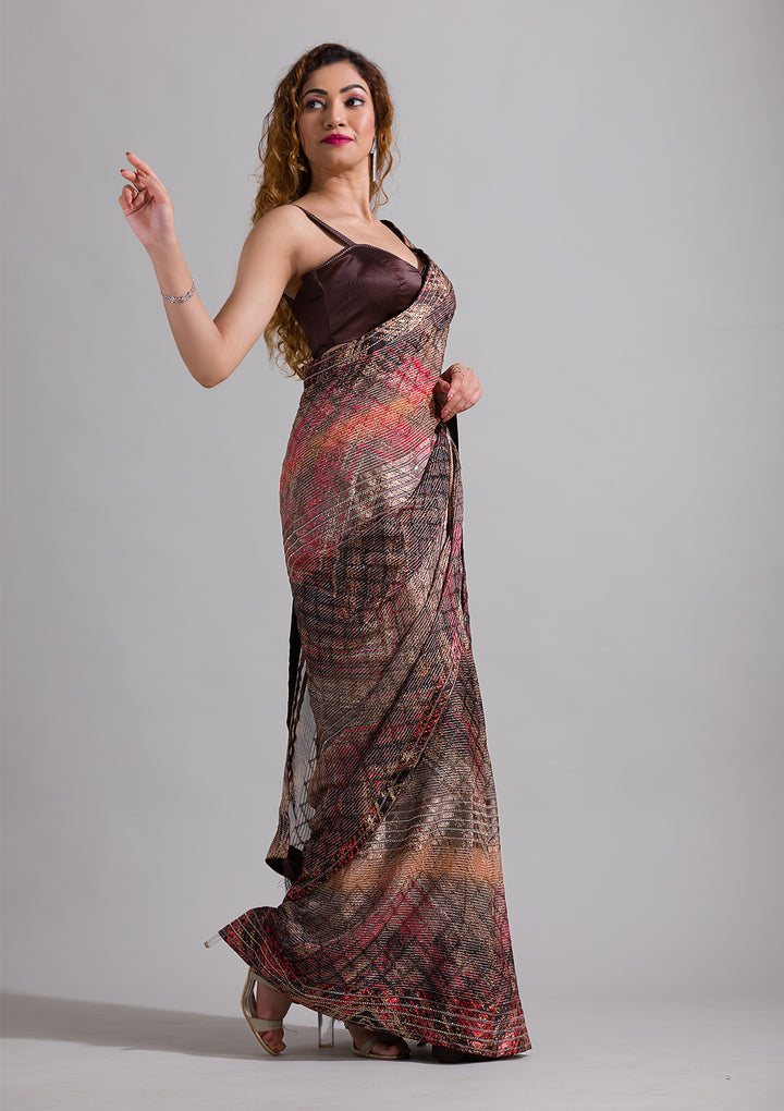 Brown Swarovski Georgette Saree