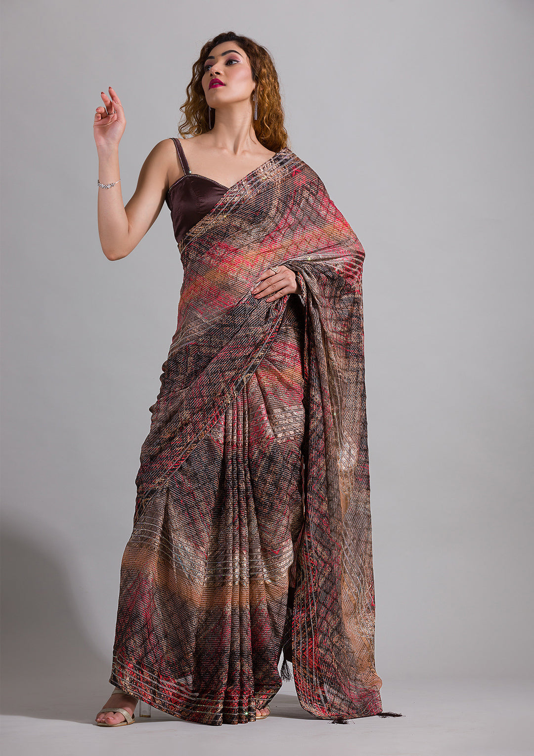 Brown Swarovski Georgette Saree-Koskii