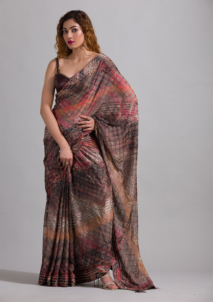 Brown Swarovski Georgette Saree