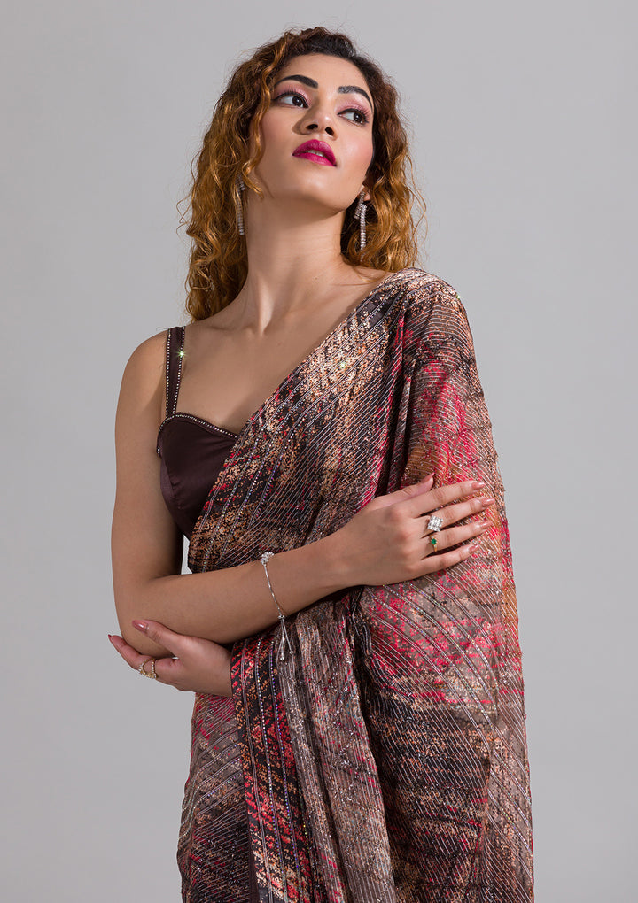 Brown Swarovski Georgette Saree