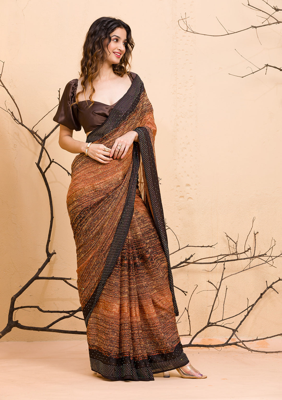 Brown Swarovski Chiffon Designer Saree