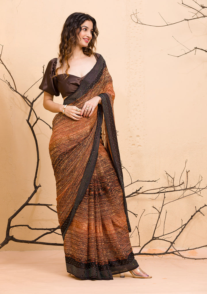 Brown Swarovski Chiffon Designer Saree