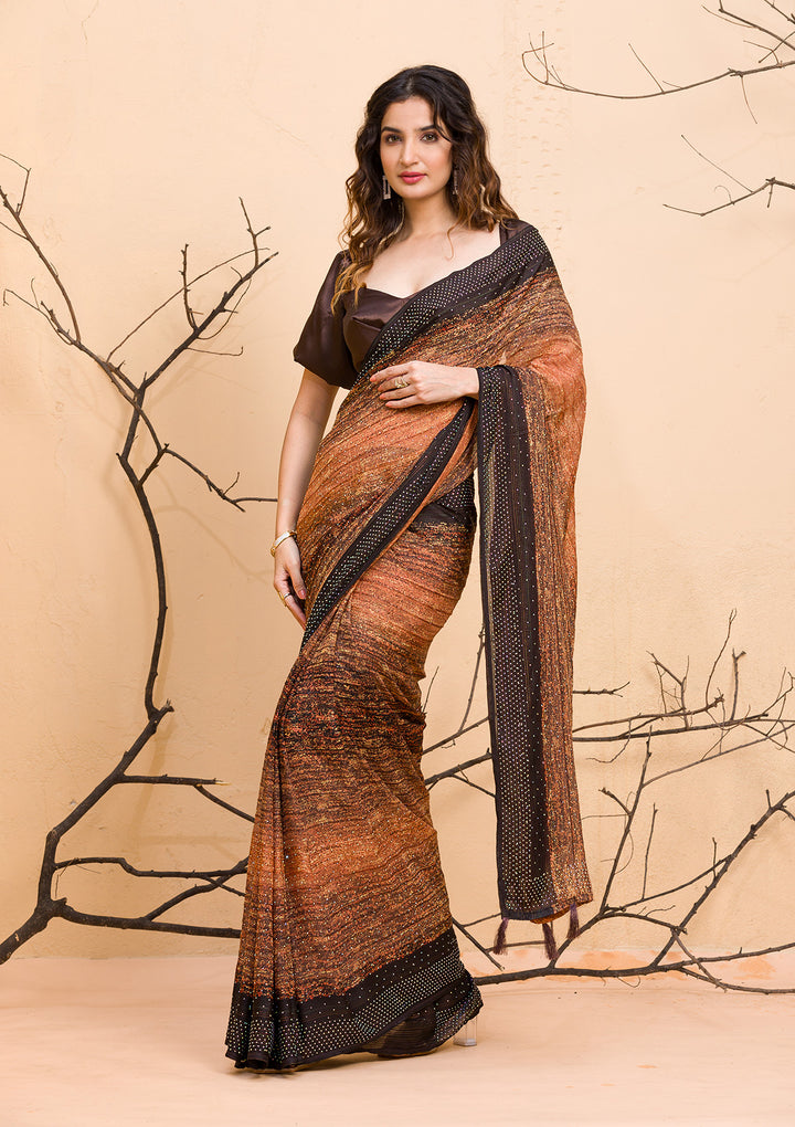 Brown Swarovski Chiffon Designer Saree