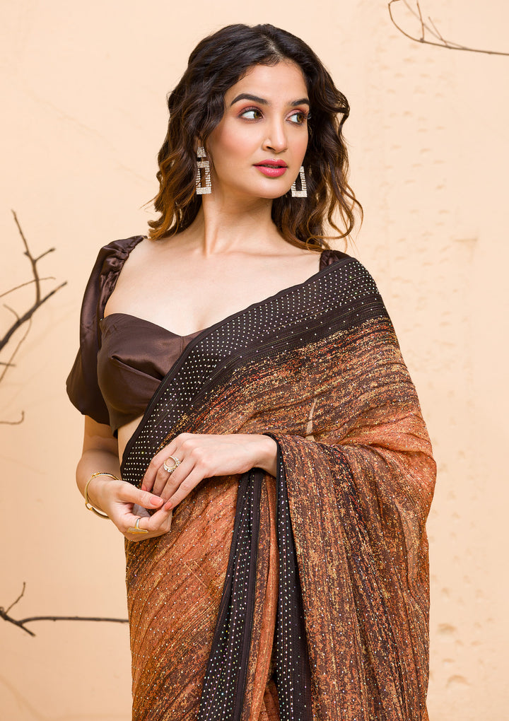 Brown Swarovski Chiffon Designer Saree