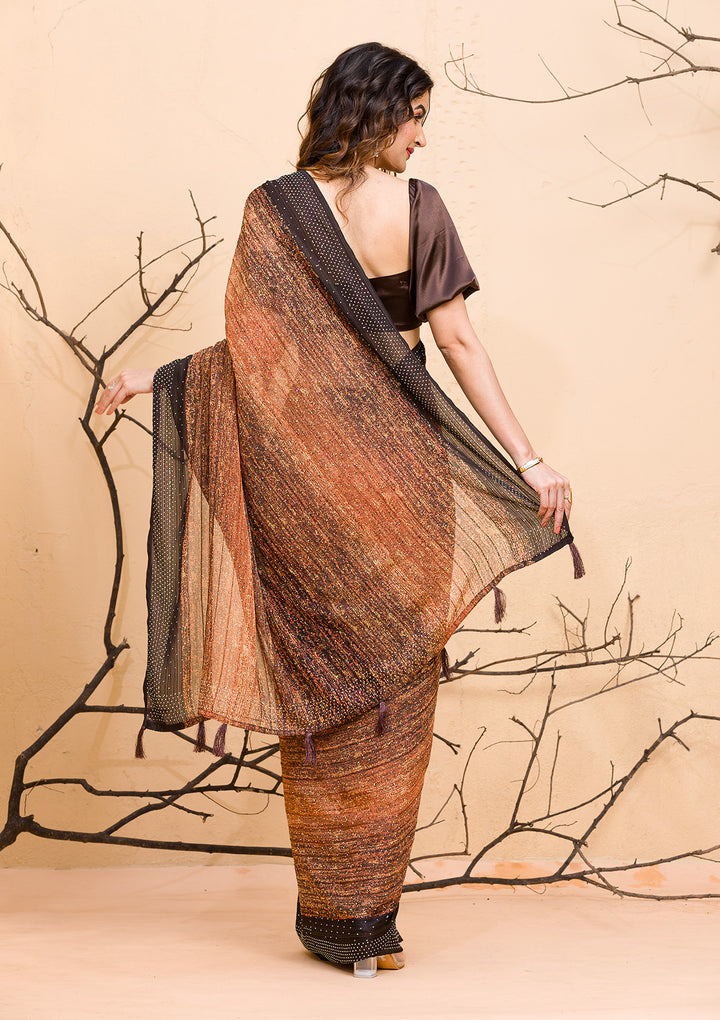 Brown Swarovski Chiffon Designer Saree