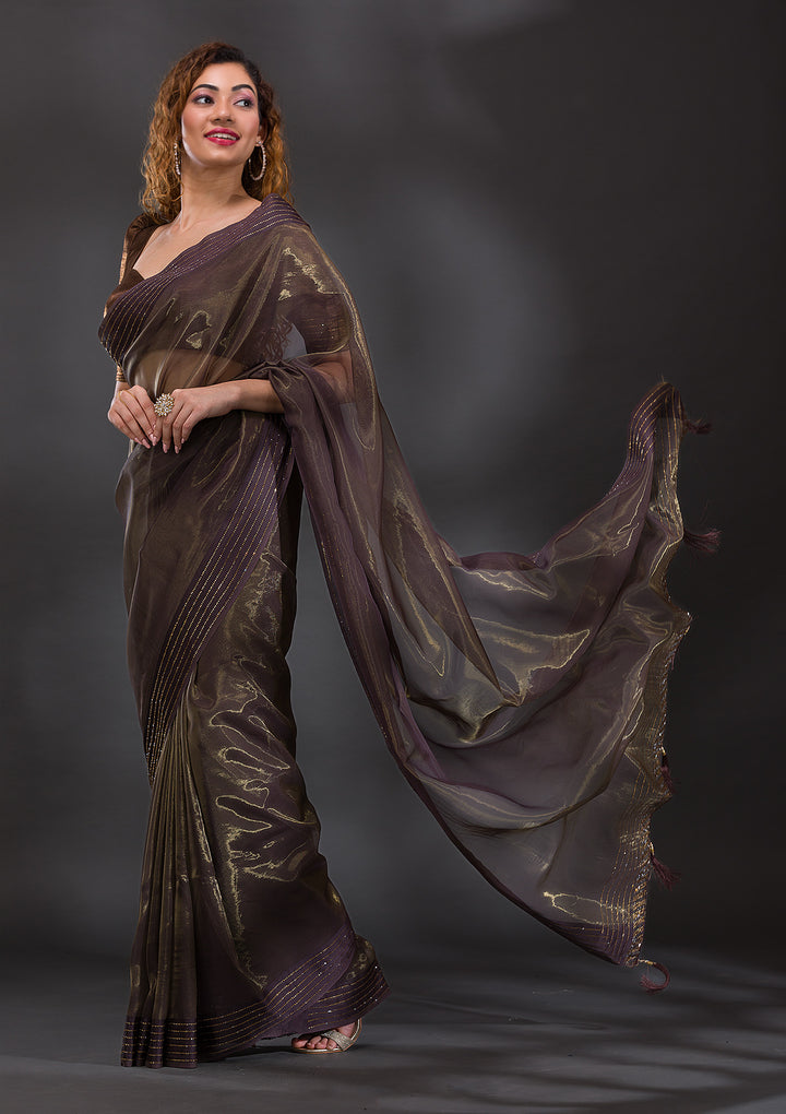 Brown Swarovski Organza Saree