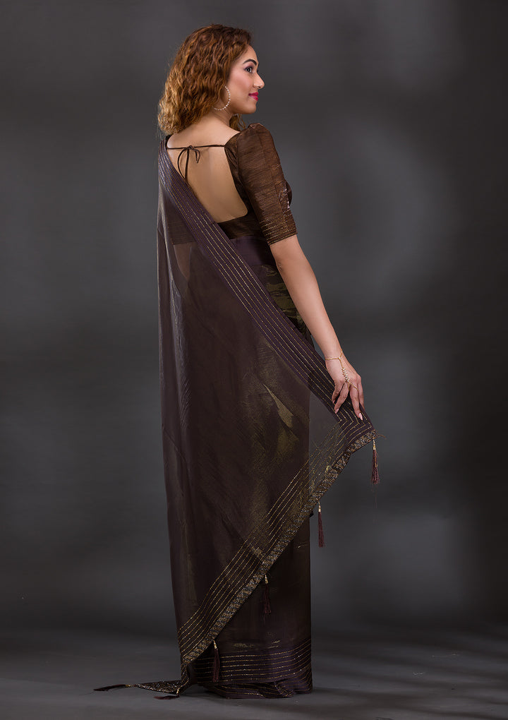 Brown Swarovski Organza Saree