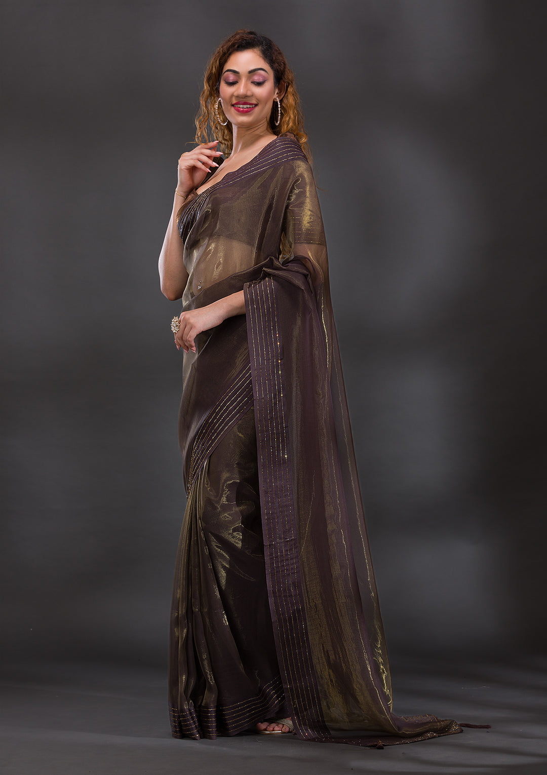Brown Swarovski Organza Saree