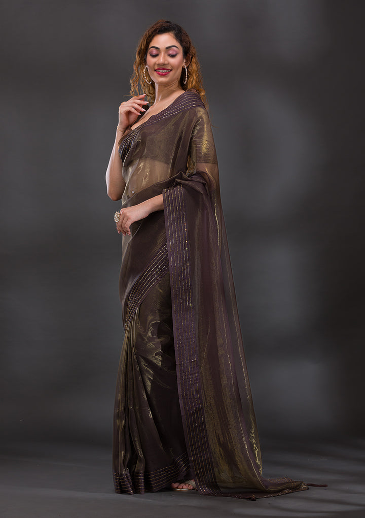 Brown Swarovski Organza Saree