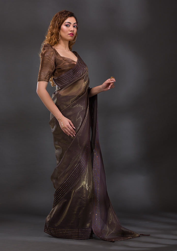 Brown Swarovski Organza Saree