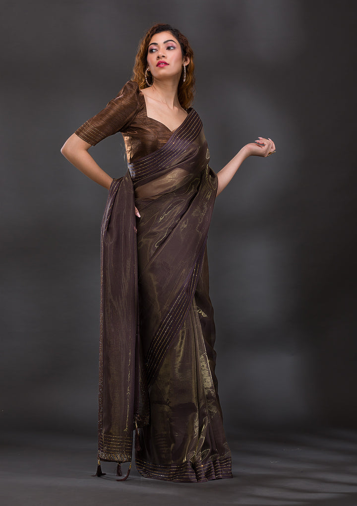 Brown Swarovski Tissue Saree-Koskii