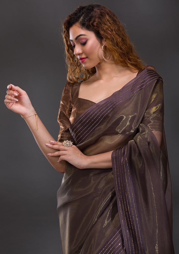 Brown Swarovski Organza Saree