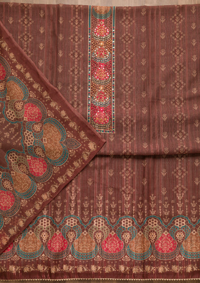 Brown Threadwork Chanderi Unstitched Salwar Suit