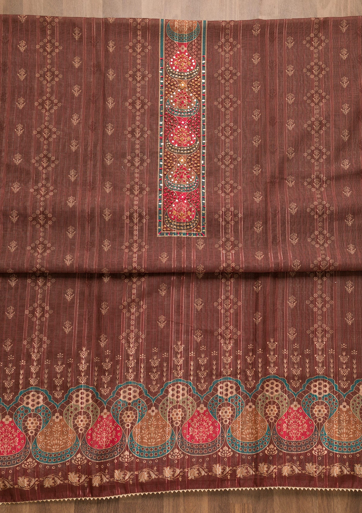 Brown Threadwork Chanderi Unstitched Salwar Suit