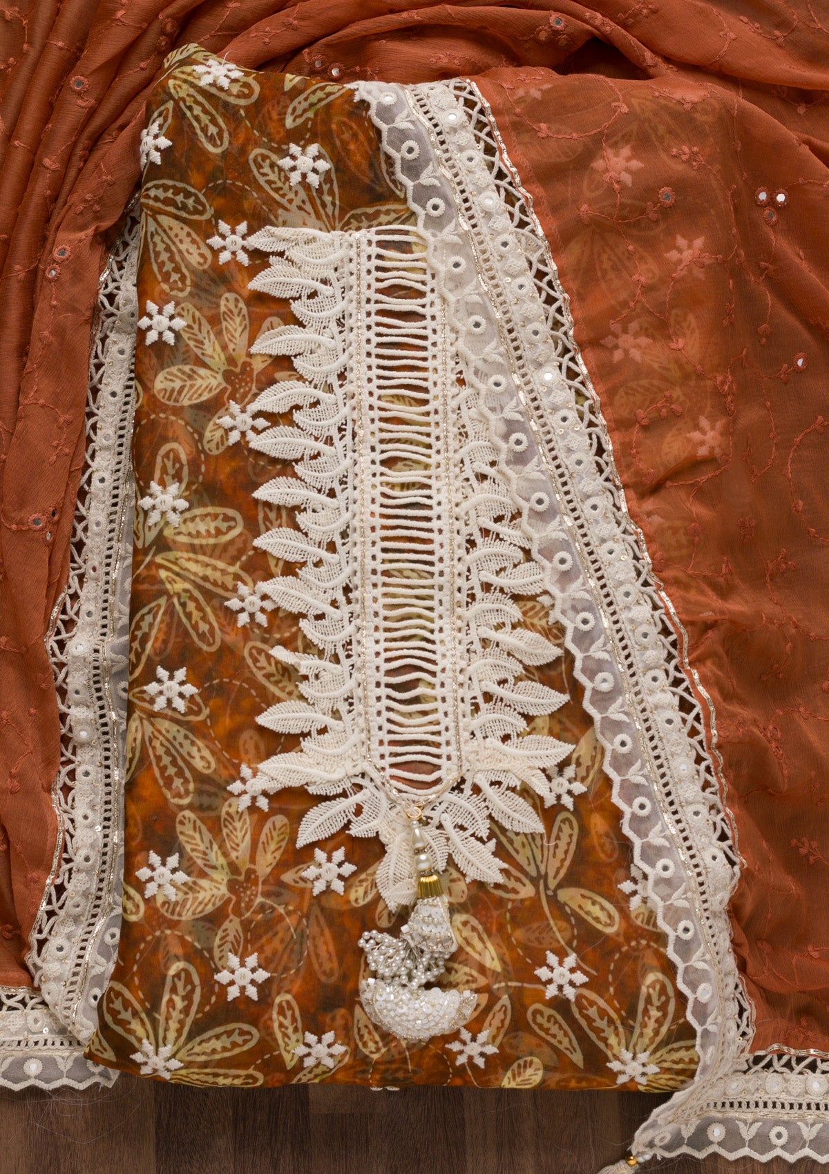 Brown Threadwork Georgette Unstitched Salwar Suit