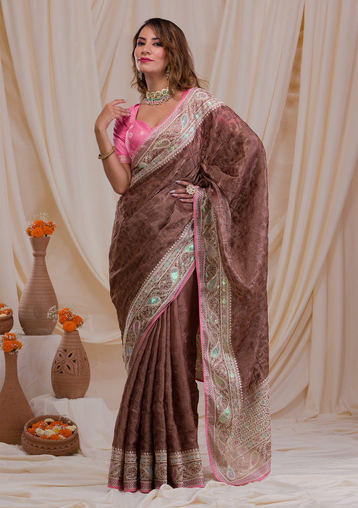 Brown Threadwork Georgette Saree-Koskii