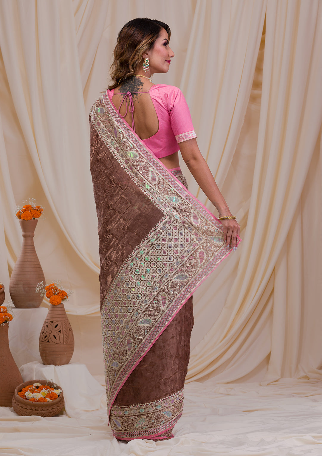 Brown Threadwork Georgette Saree