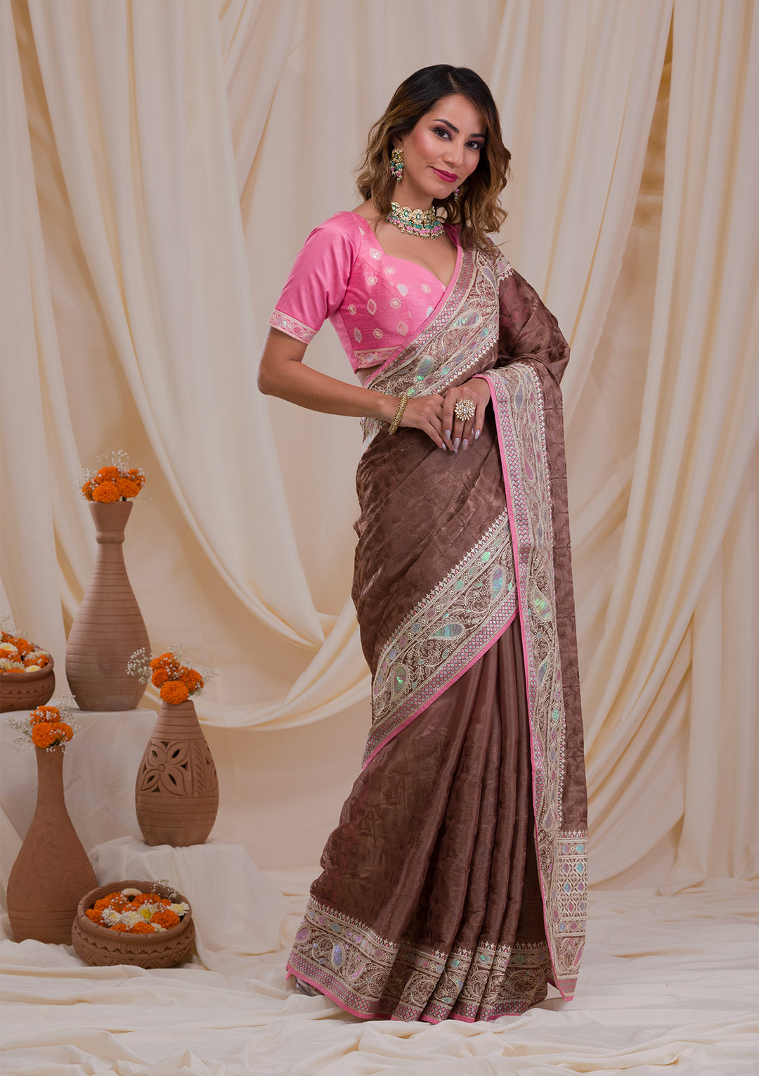 Brown Threadwork Georgette Saree