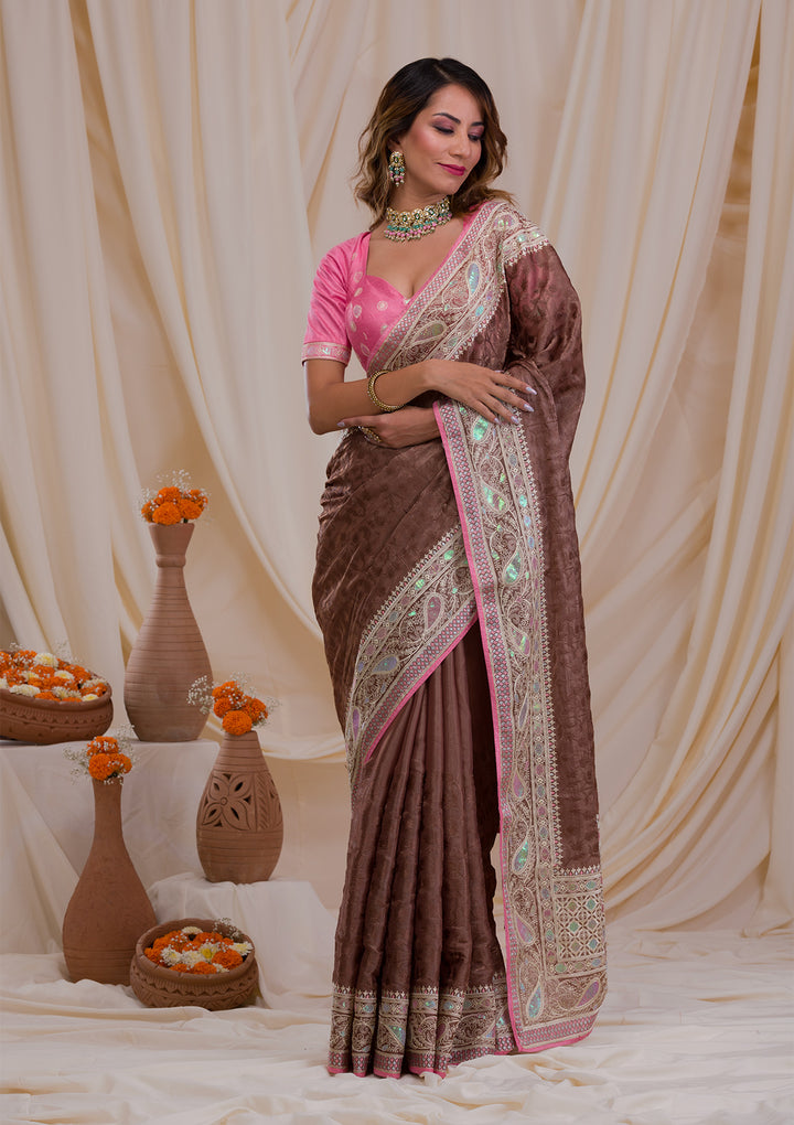Brown Threadwork Georgette Saree