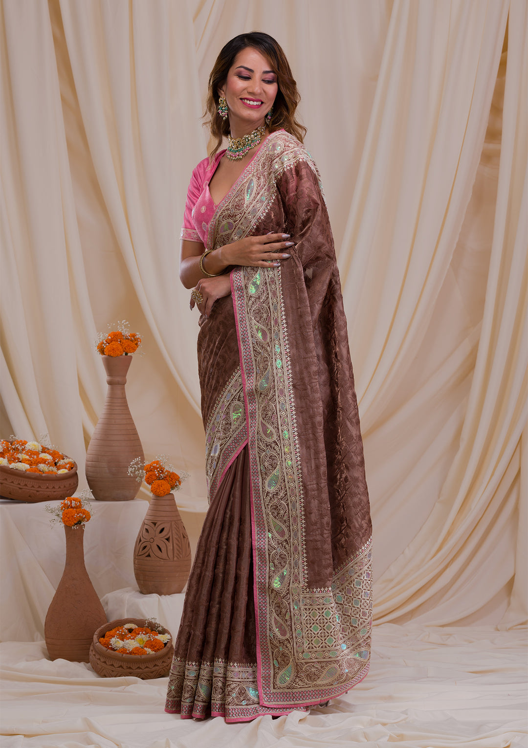Brown Threadwork Georgette Saree