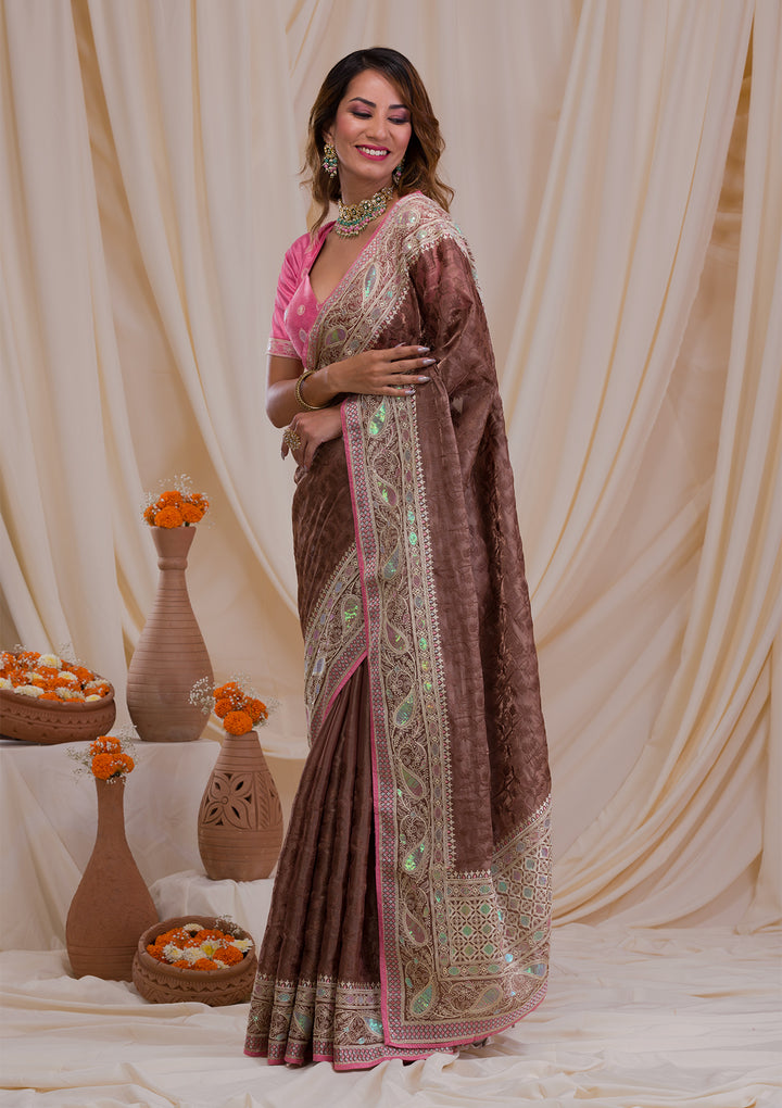 Brown Threadwork Georgette Saree
