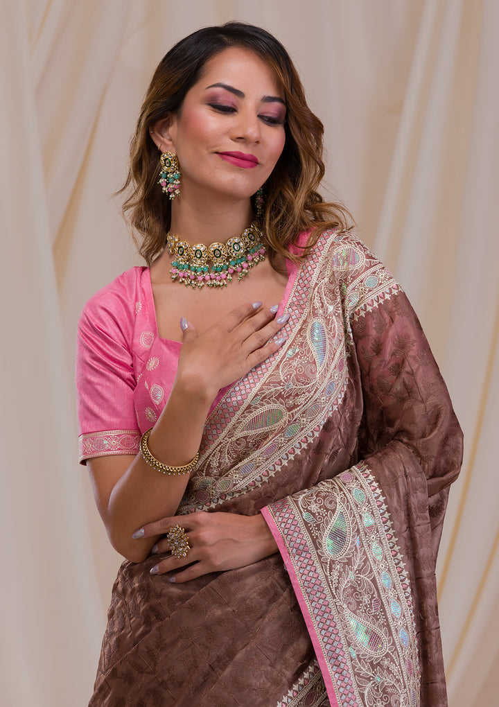 Brown Threadwork Georgette Saree