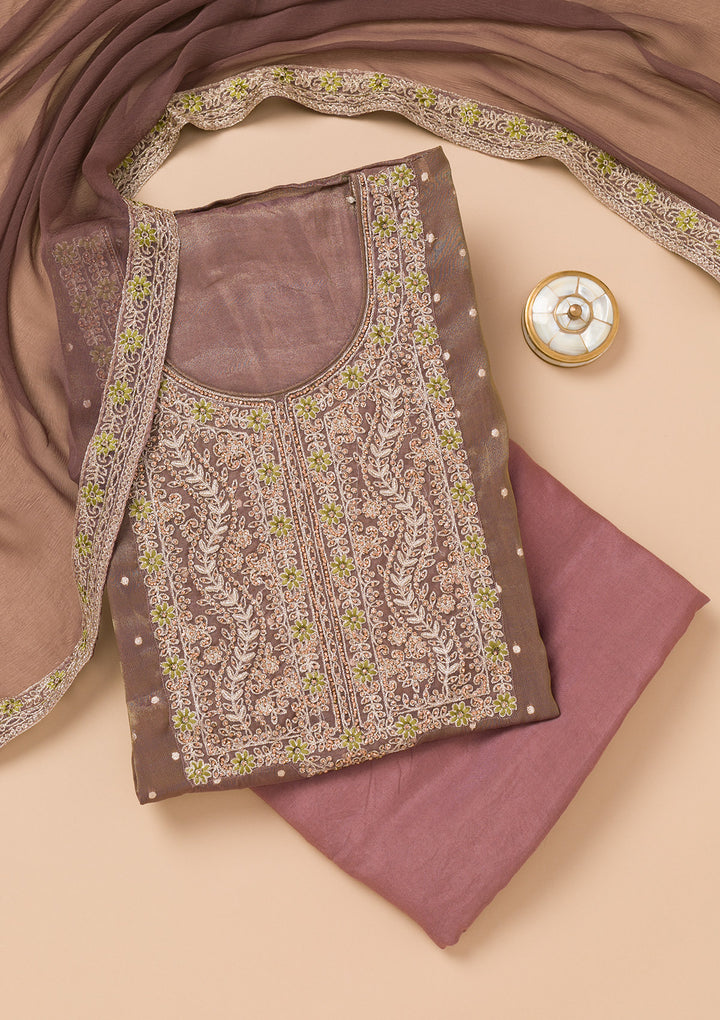 Brown Threadwork Organza Unstitched Salwar Suit