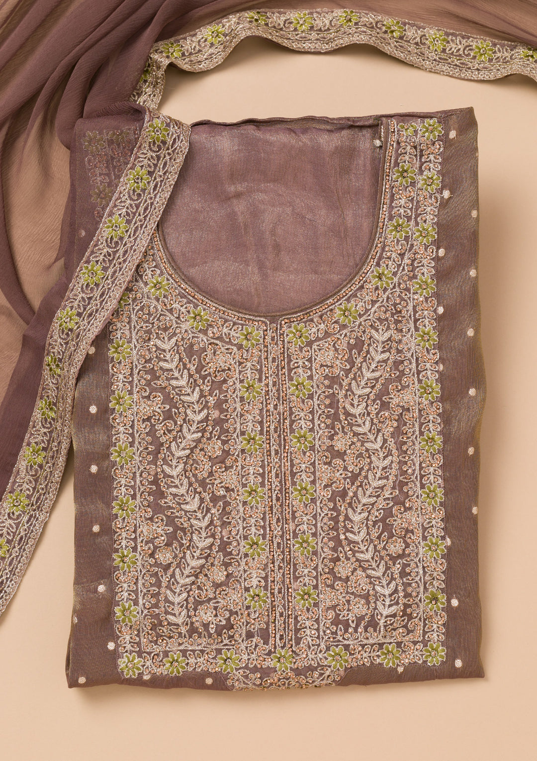 Brown Threadwork Organza Unstitched Salwar Suit