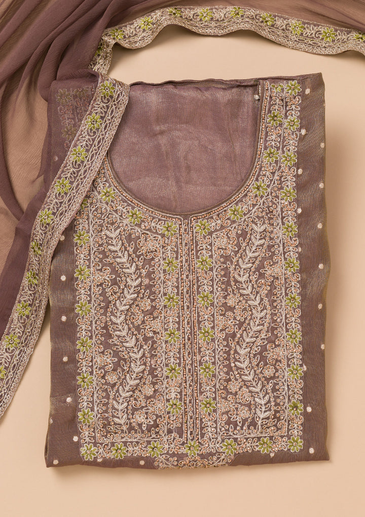 Brown Threadwork Organza Unstitched Salwar Suit