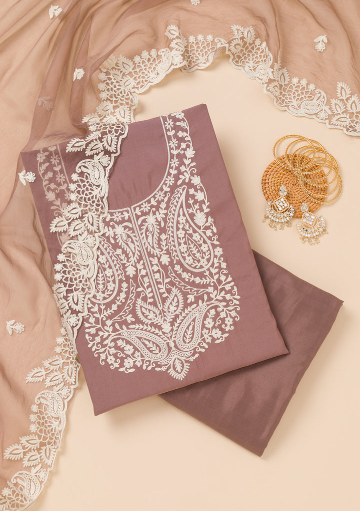 Brown Threadwork Semi Crepe Unstitched Salwar Suit