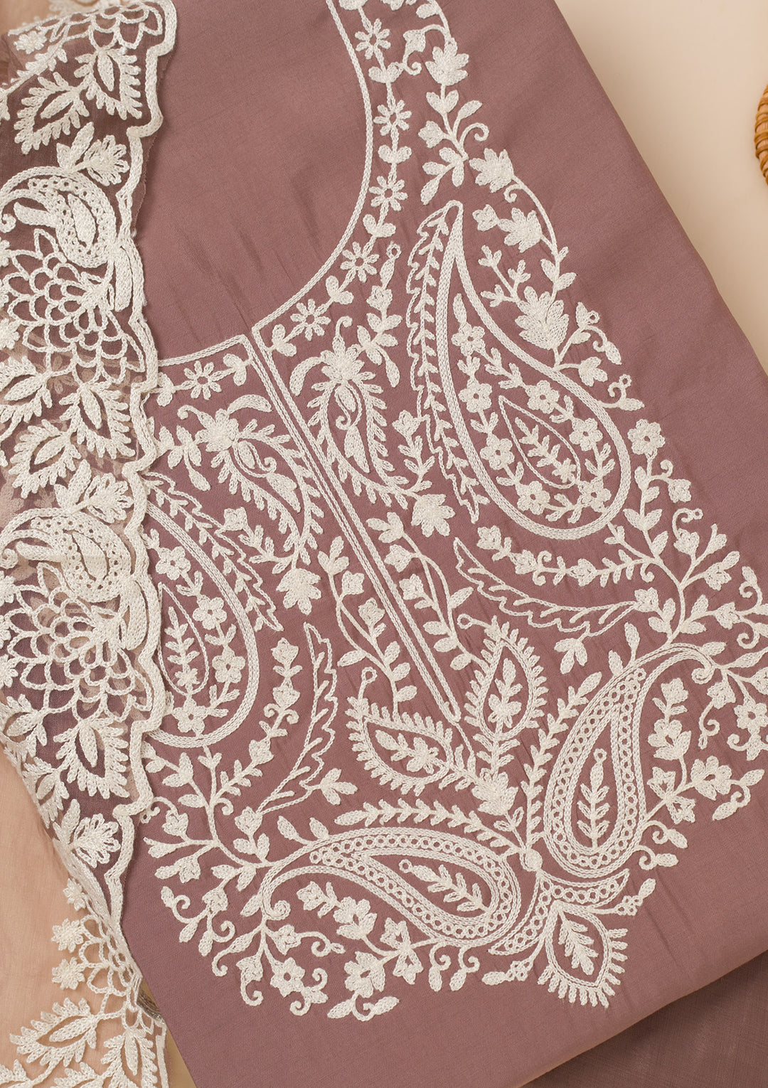 Brown Threadwork Semi Crepe Unstitched Salwar Suit