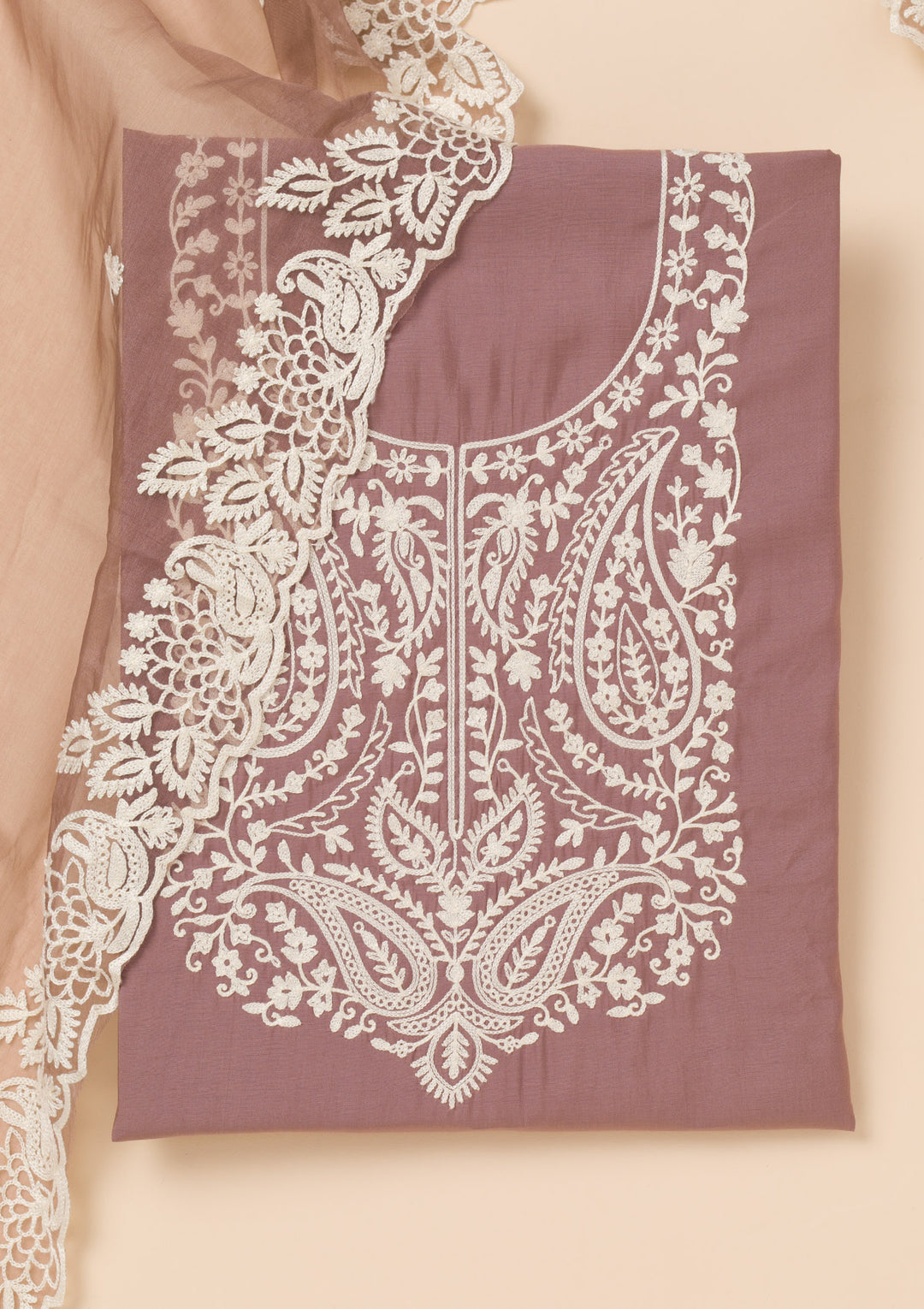 Brown Threadwork Semi Crepe Unstitched Salwar Suit