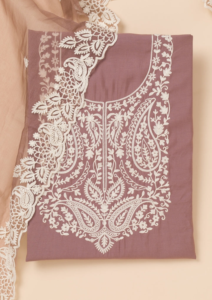 Brown Threadwork Semi Crepe Unstitched Salwar Suit