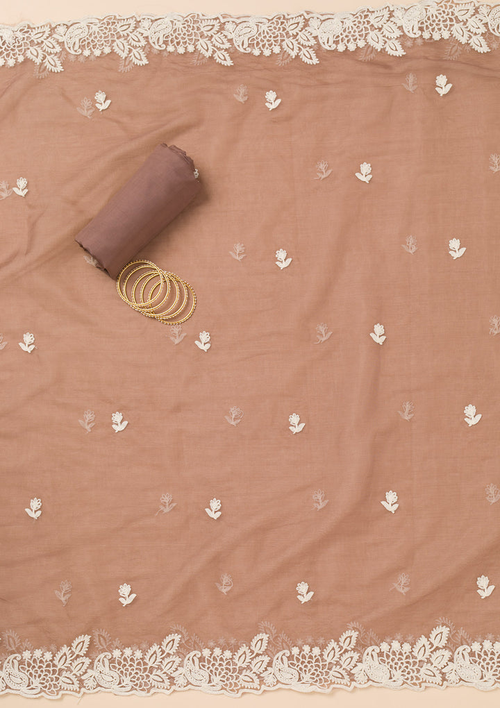 Brown Threadwork Semi Crepe Unstitched Salwar Suit