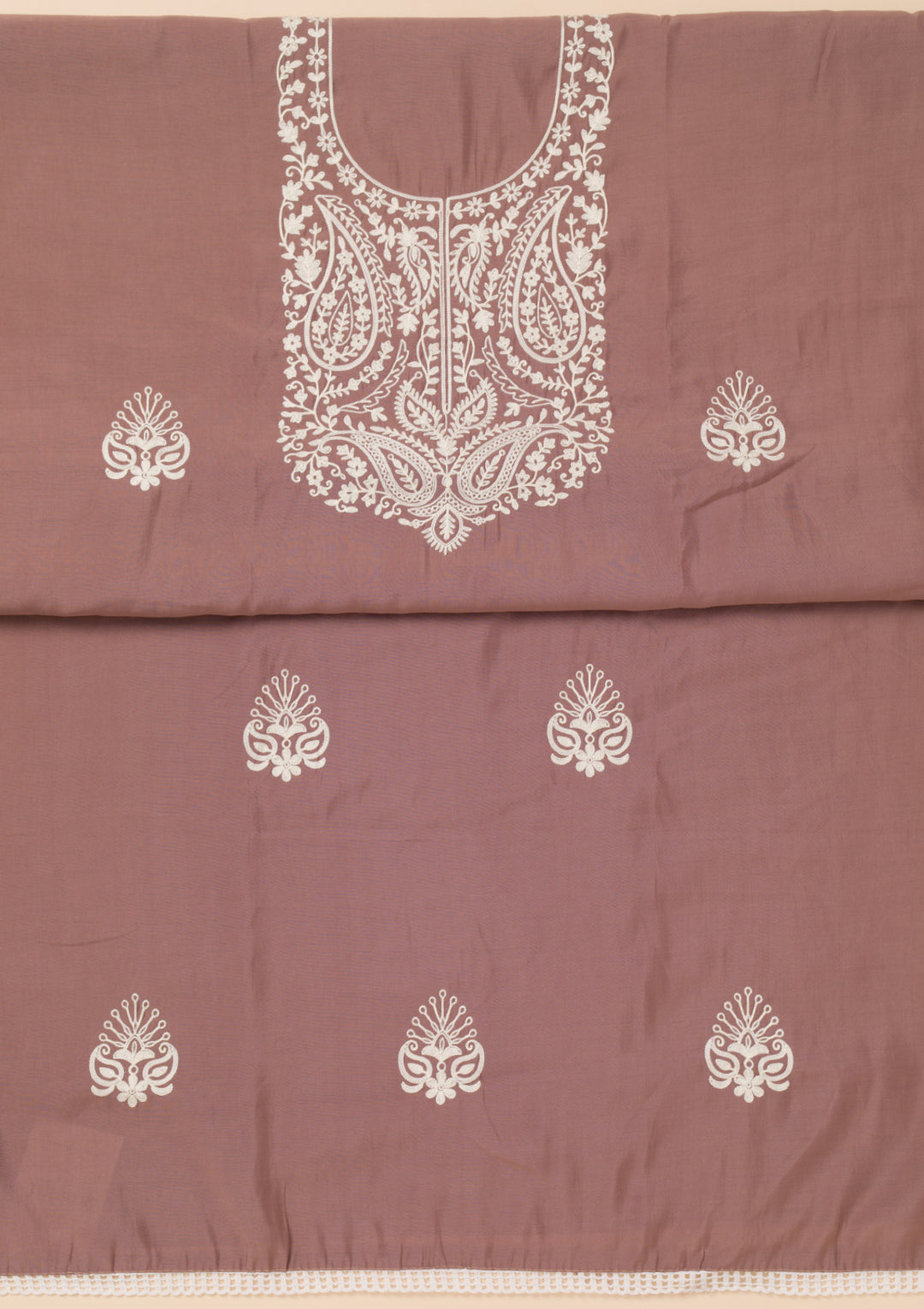 Brown Threadwork Semi Crepe Unstitched Salwar Suit