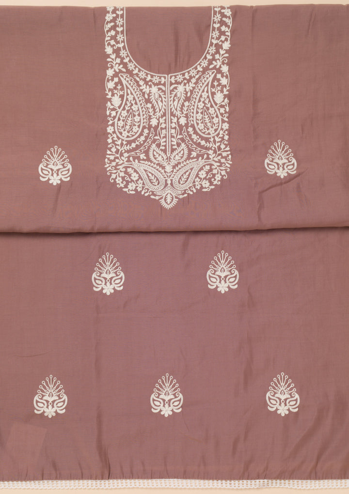 Brown Threadwork Semi Crepe Unstitched Salwar Suit