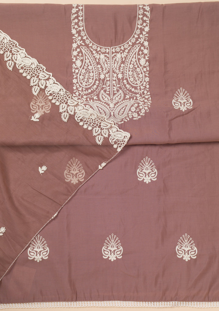 Brown Threadwork Semi Crepe Unstitched Salwar Suit