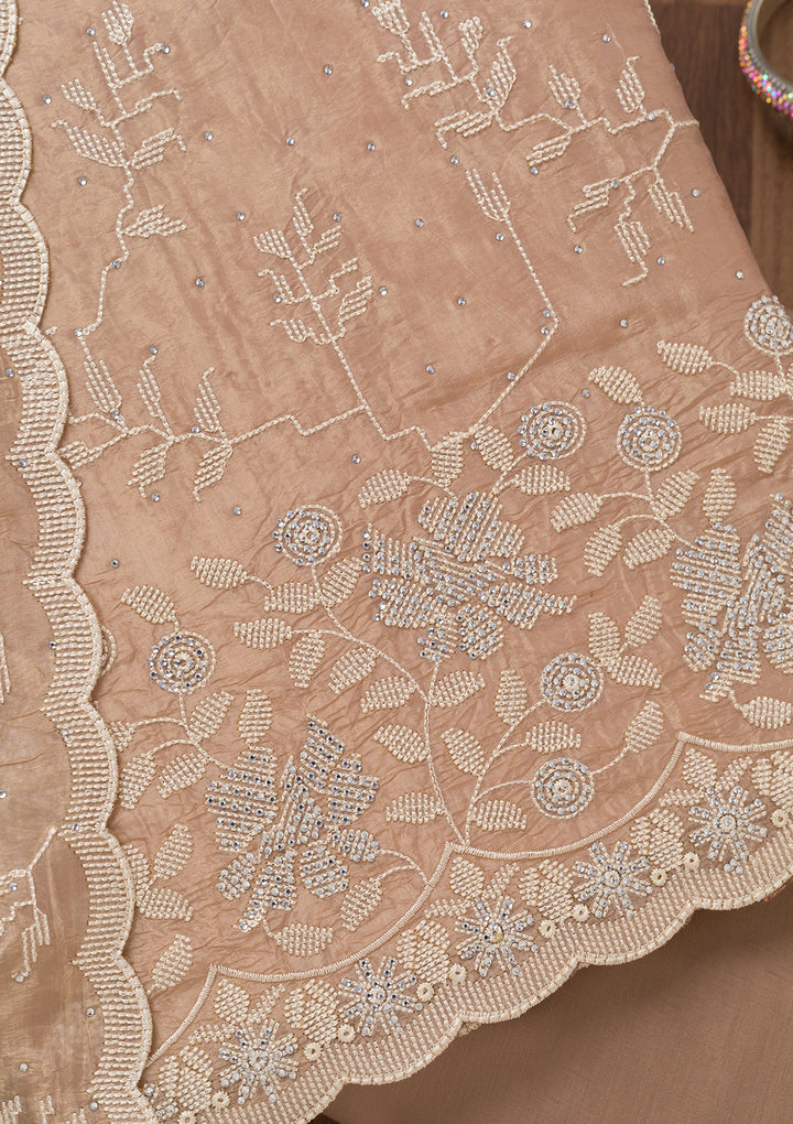 Brown Threadwork Shimmer Unstitched Salwar Suit