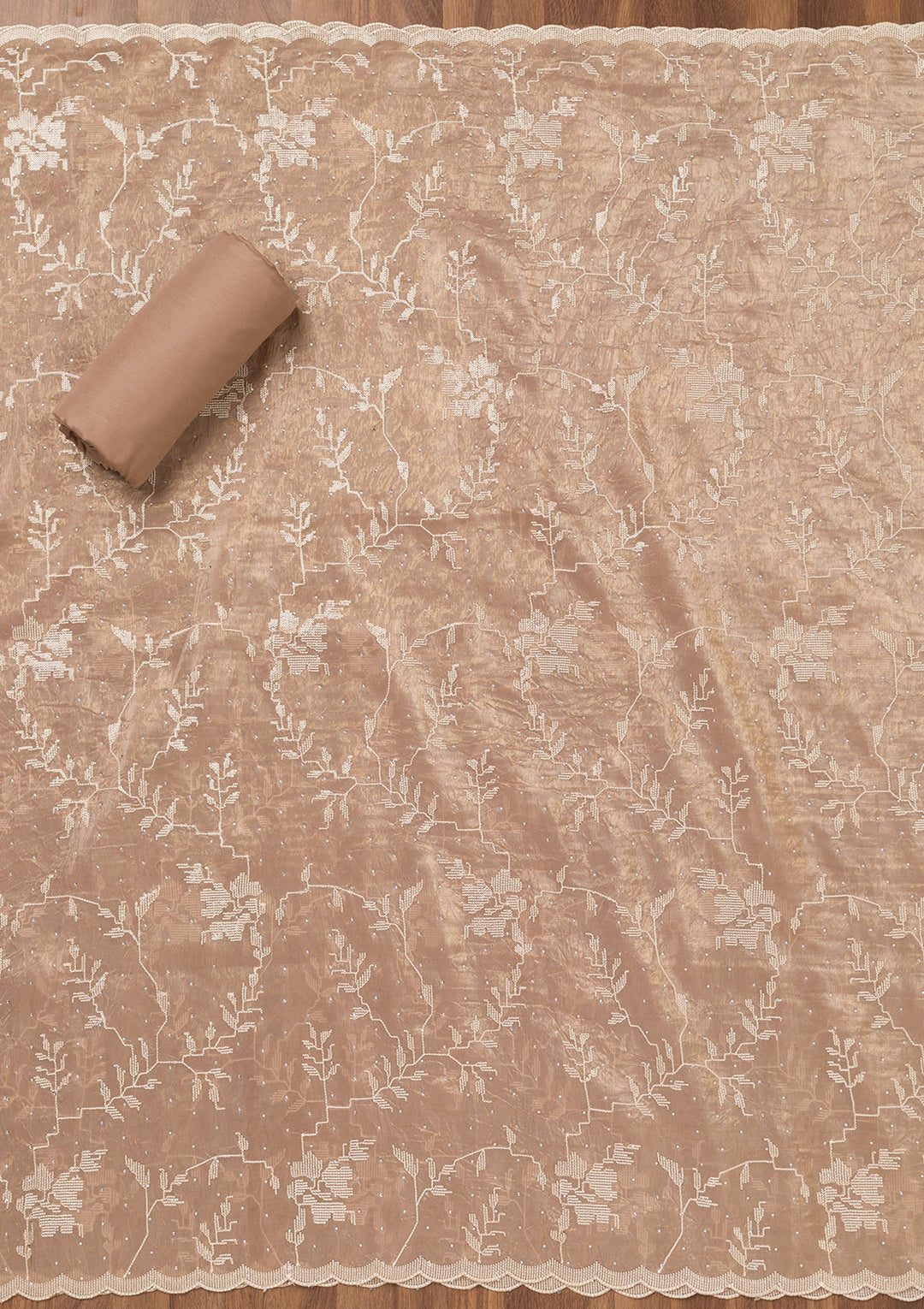Brown Threadwork Shimmer Unstitched Salwar Suit
