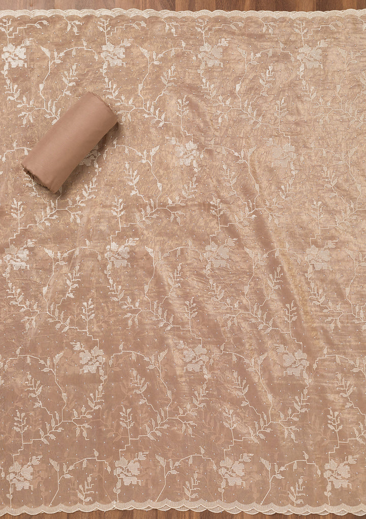 Brown Threadwork Shimmer Unstitched Salwar Suit