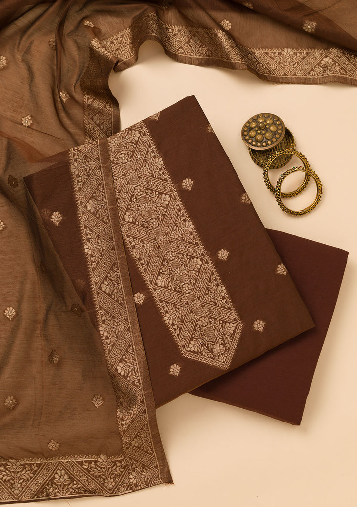 Brown Zariwork Art Silk Unstitched Salwar Suit