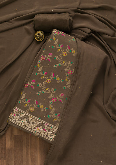 Brown Printed Brocade Unstitched Salwar Suit-Koskii
