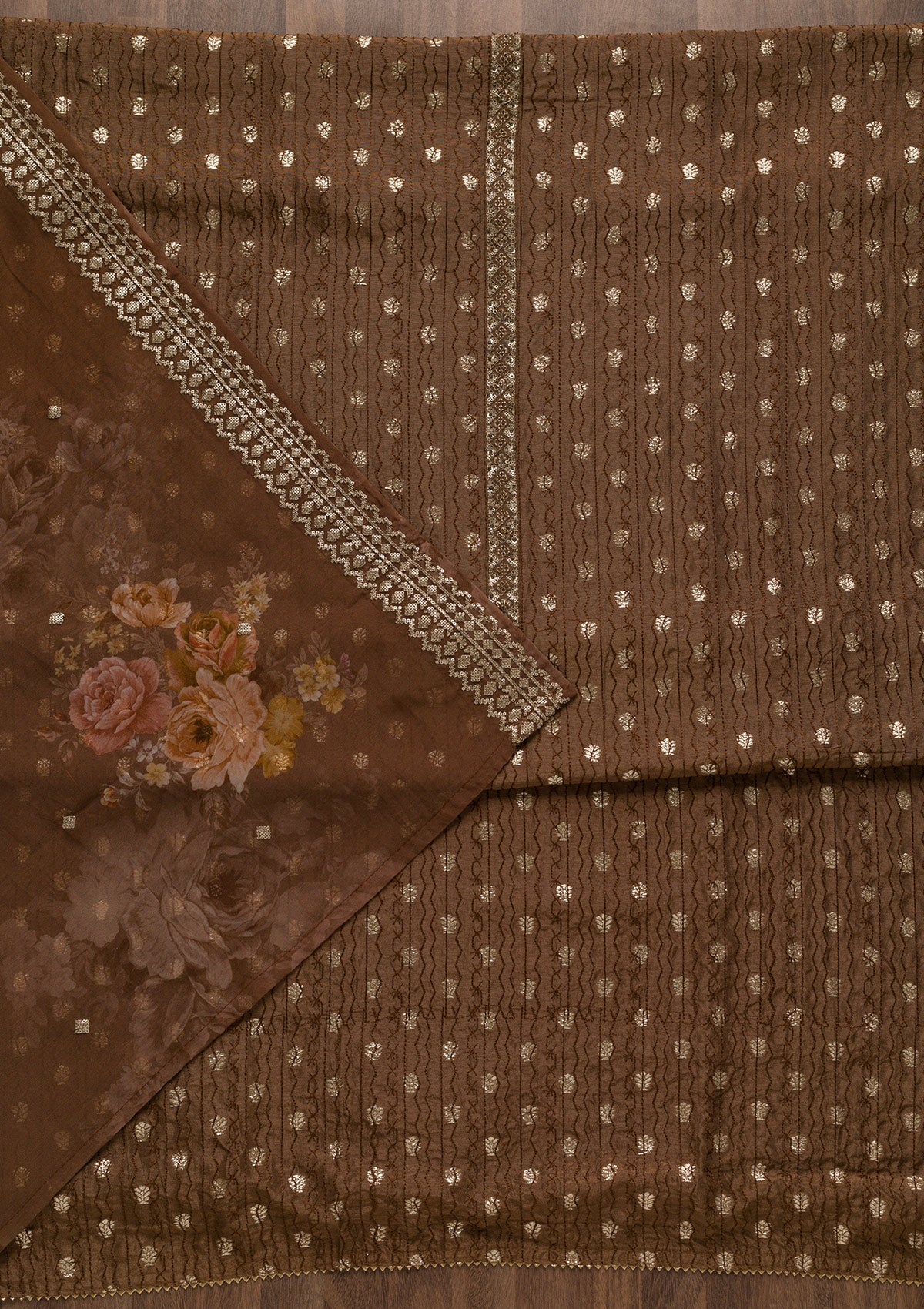 Brown Zariwork Raw Silk Unstitched Salwar Suit