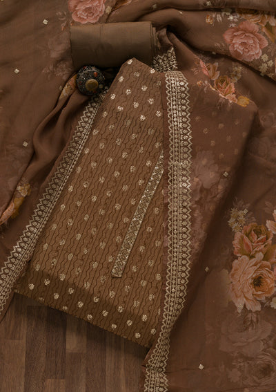 Brown Zariwork Raw Silk Unstitched Salwar Suit