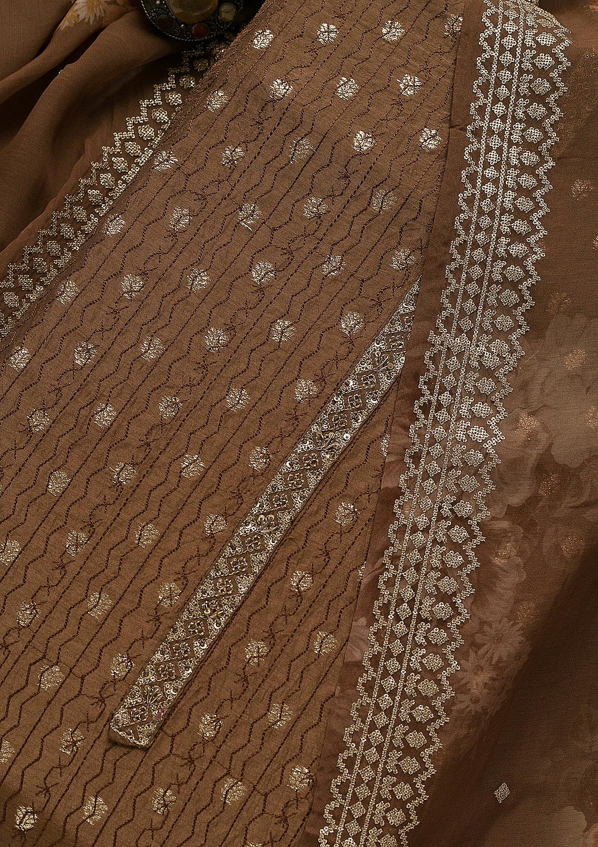 Brown Zariwork Raw Silk Unstitched Salwar Suit