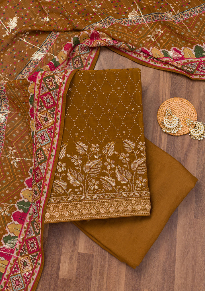 Brown Zariwork Semi Crepe Unstitched Salwar Suit