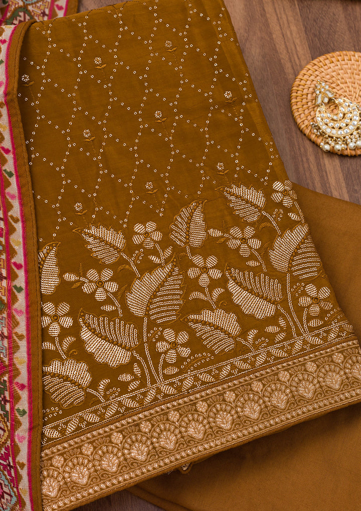 Brown Zariwork Semi Crepe Unstitched Salwar Suit