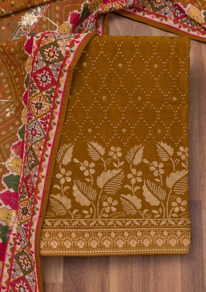 Brown Zariwork Semi Crepe Unstitched Salwar Suit