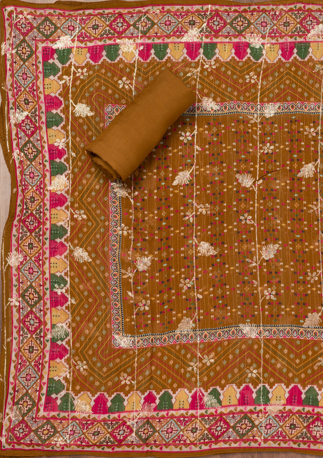 Brown Zariwork Semi Crepe Unstitched Salwar Suit