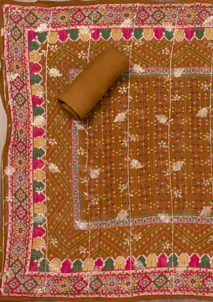 Brown Zariwork Semi Crepe Unstitched Salwar Suit